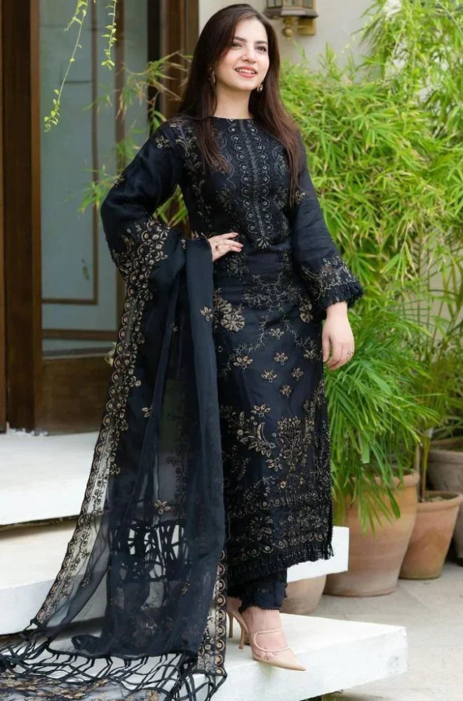 NS 32-3 Piece Unstitched Heavy Embroidered Lawn Suit ( Fully Embroidered Organza Dupatta )