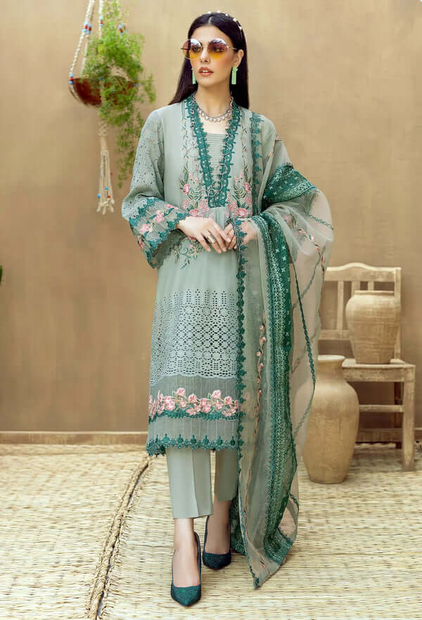 LM 16-3 Piece Heavy Embroidered Chickan Kari Lawn Suit ( Full Embroidered Organza Dupatta )