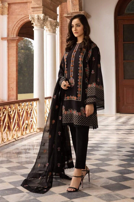 BR 465-3 Piece Embroidered Lawn Suite With Embroidered Bamber Chiffon Dupatta DhanakStore 