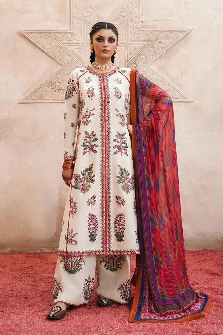 MB 575-Linen Stuff 3 piece Fully Embroidered With Digital Printed Silk Dupatta Extra Patches