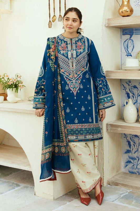 ZS 50 BLUE -3 Piece Unstitched Heavy Embroidered Lawn Suit ( Fine Printed Poly Lawn Dupatta)