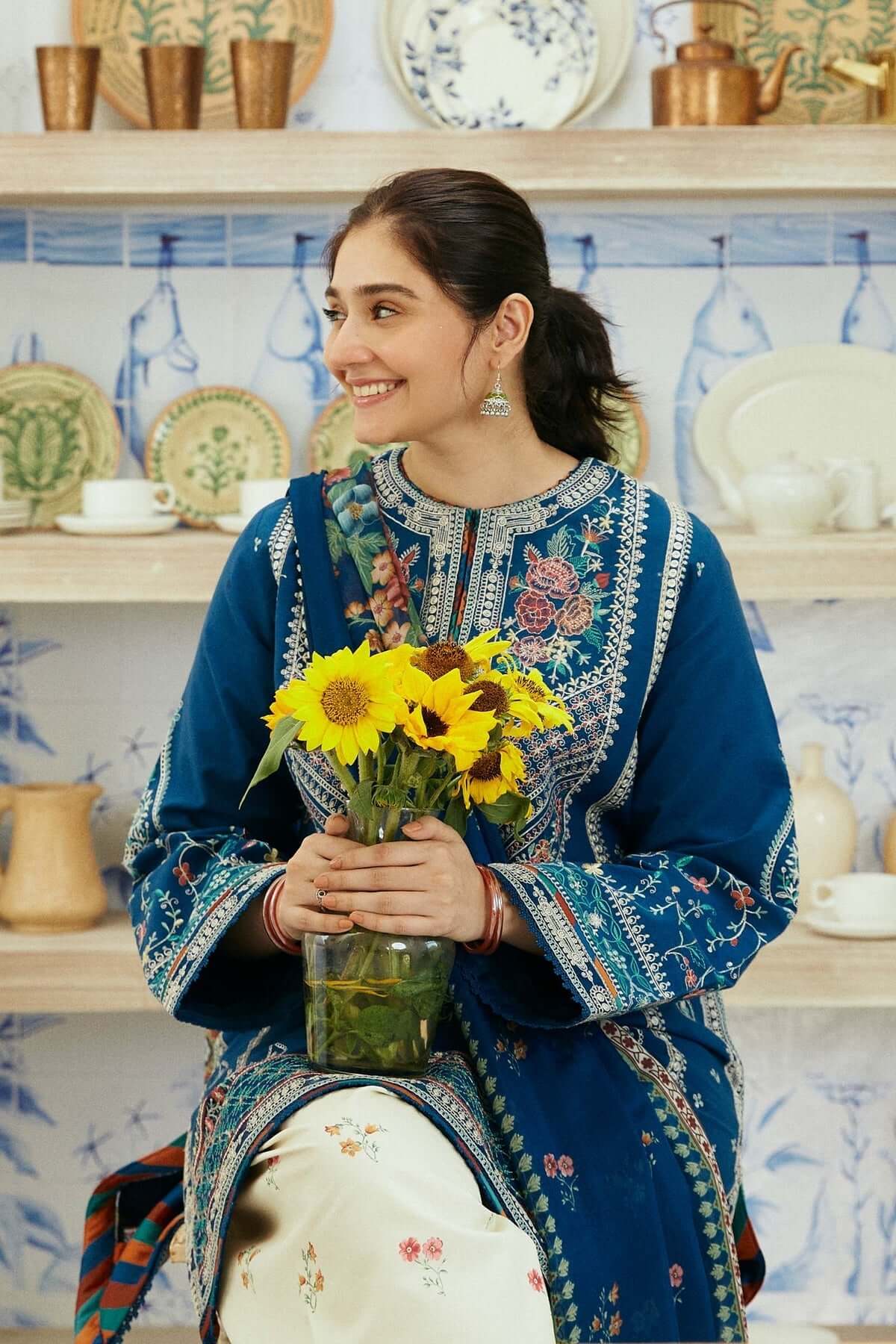 ZS 50 BLUE -3 Piece Unstitched Heavy Embroidered Lawn Suit ( Fine Printed Poly Lawn Dupatta)