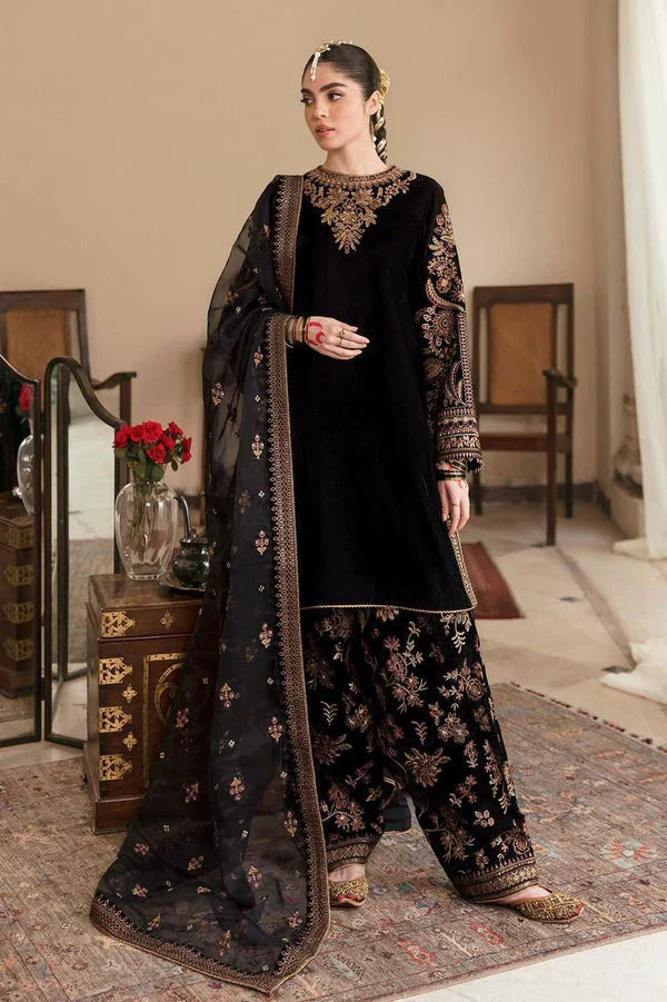 BR 804-9000 Micro 3 Piece Unstitched Heavy Embroidered Velvet Suit ( Four Sided Embroidered Organza Dupatta )