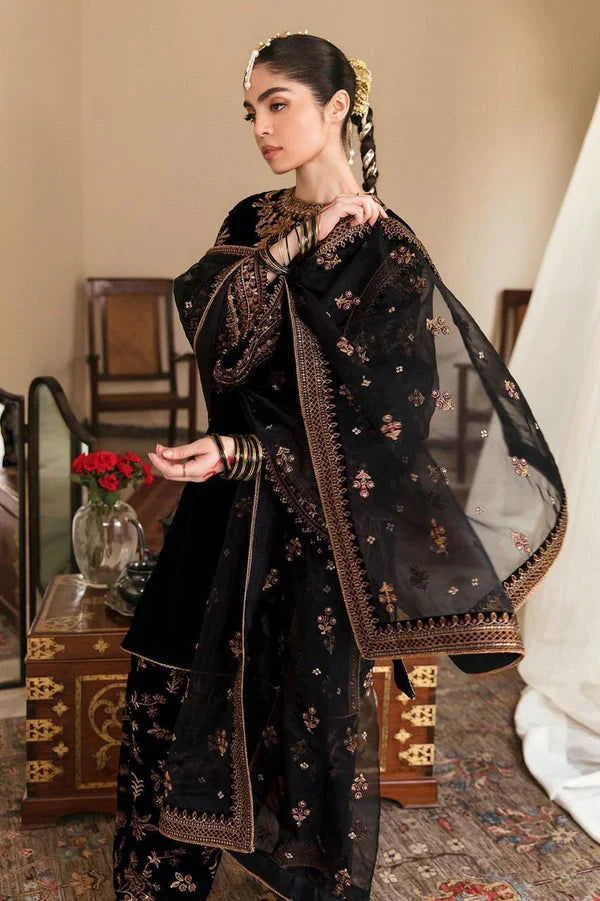 BR 804-9000 Micro 3 Piece Unstitched Heavy Embroidered Velvet Suit ( Four Sided Embroidered Organza Dupatta )