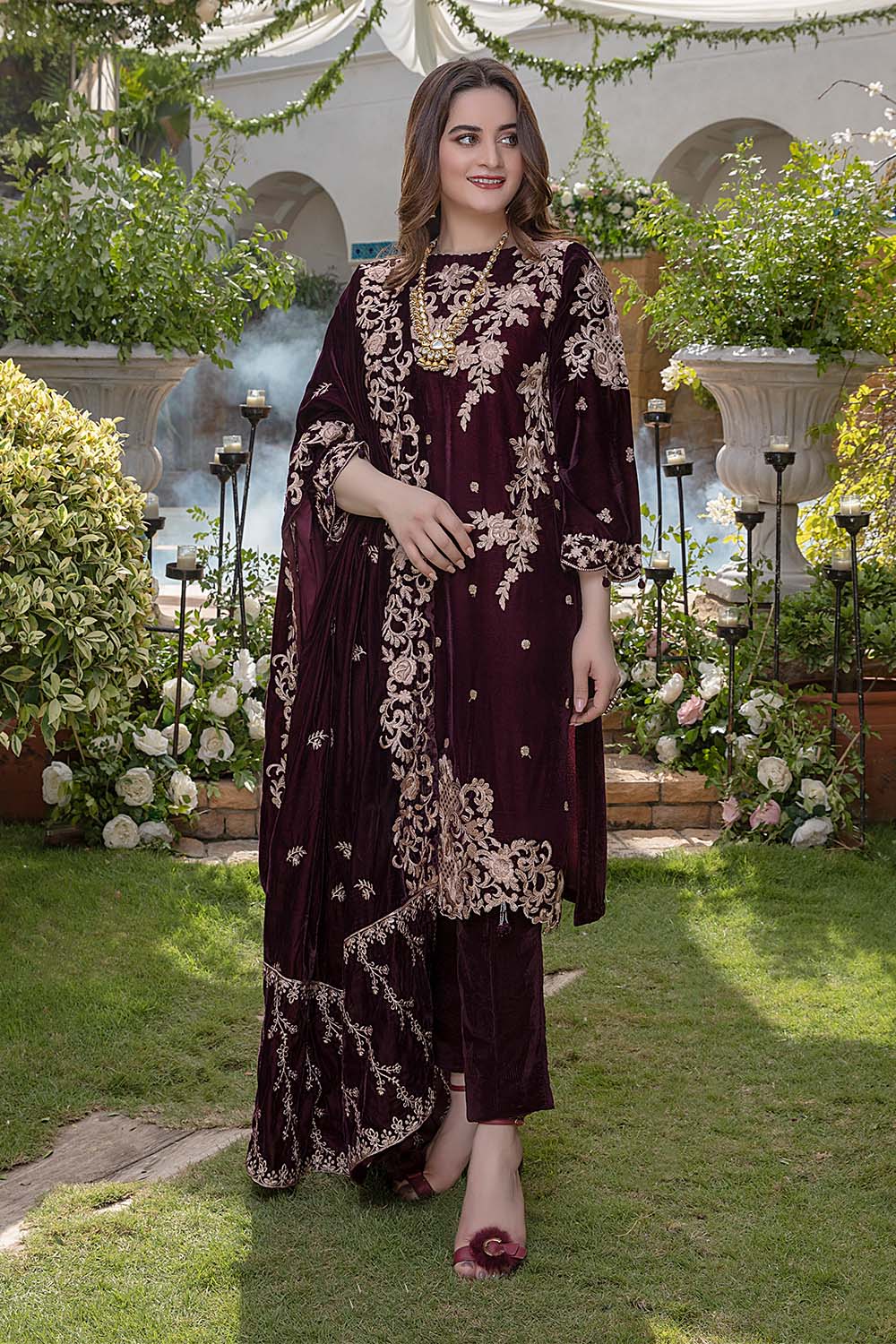 MB 1065-9000 Micro 3Pc Heavy Embroidery Velvet Dress With Velvet Embroidery Shawl