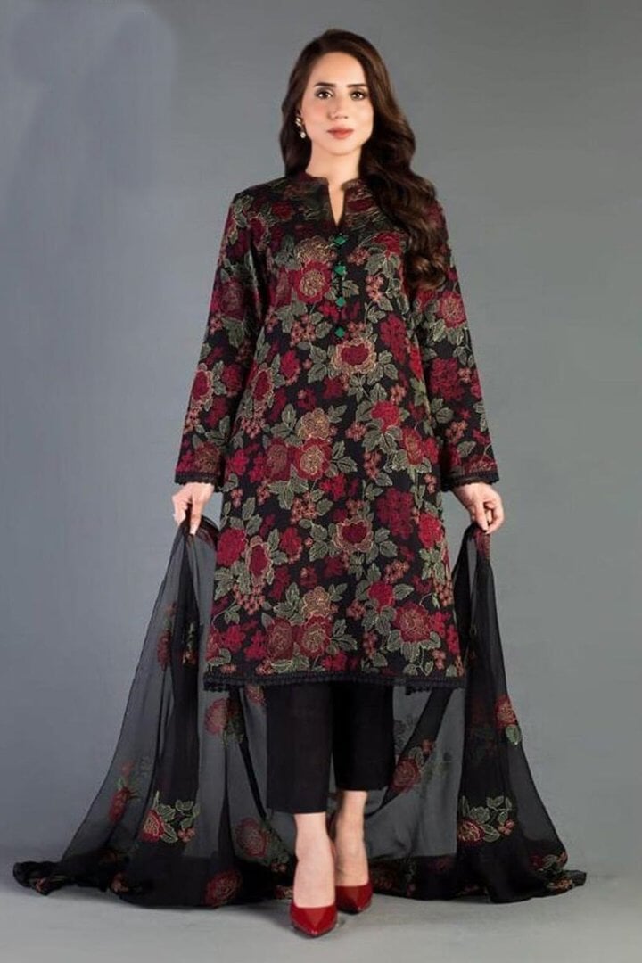 BR 345-Embroidered 3pc Lawn dress with embroidered chiffon dupatta DhanakStore 